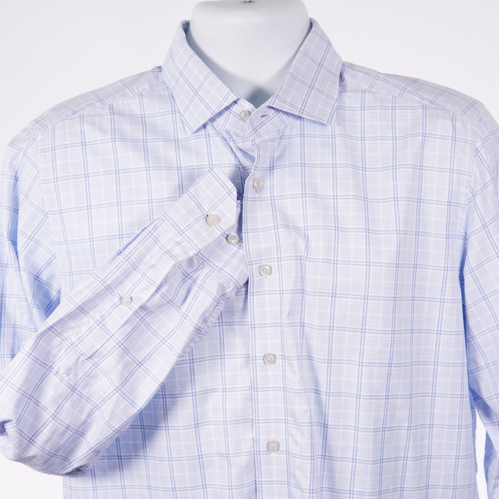 Emanuel Berg Modern Fit Men's 16.5 Large Blue Plaid Collared Dress Shirt Cotton